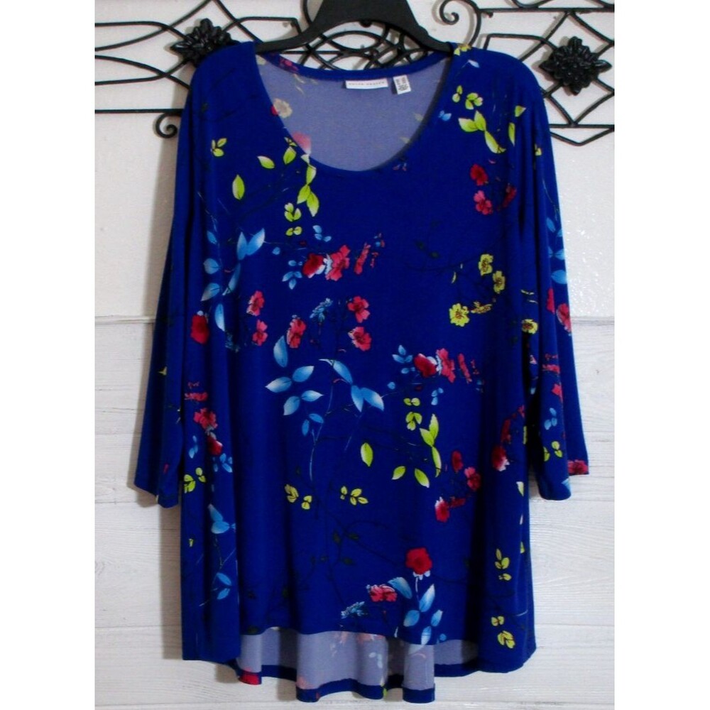 Susan Graver Women's Top Size 2X 3/4 Sleeve Multicolored Floral Round Neck